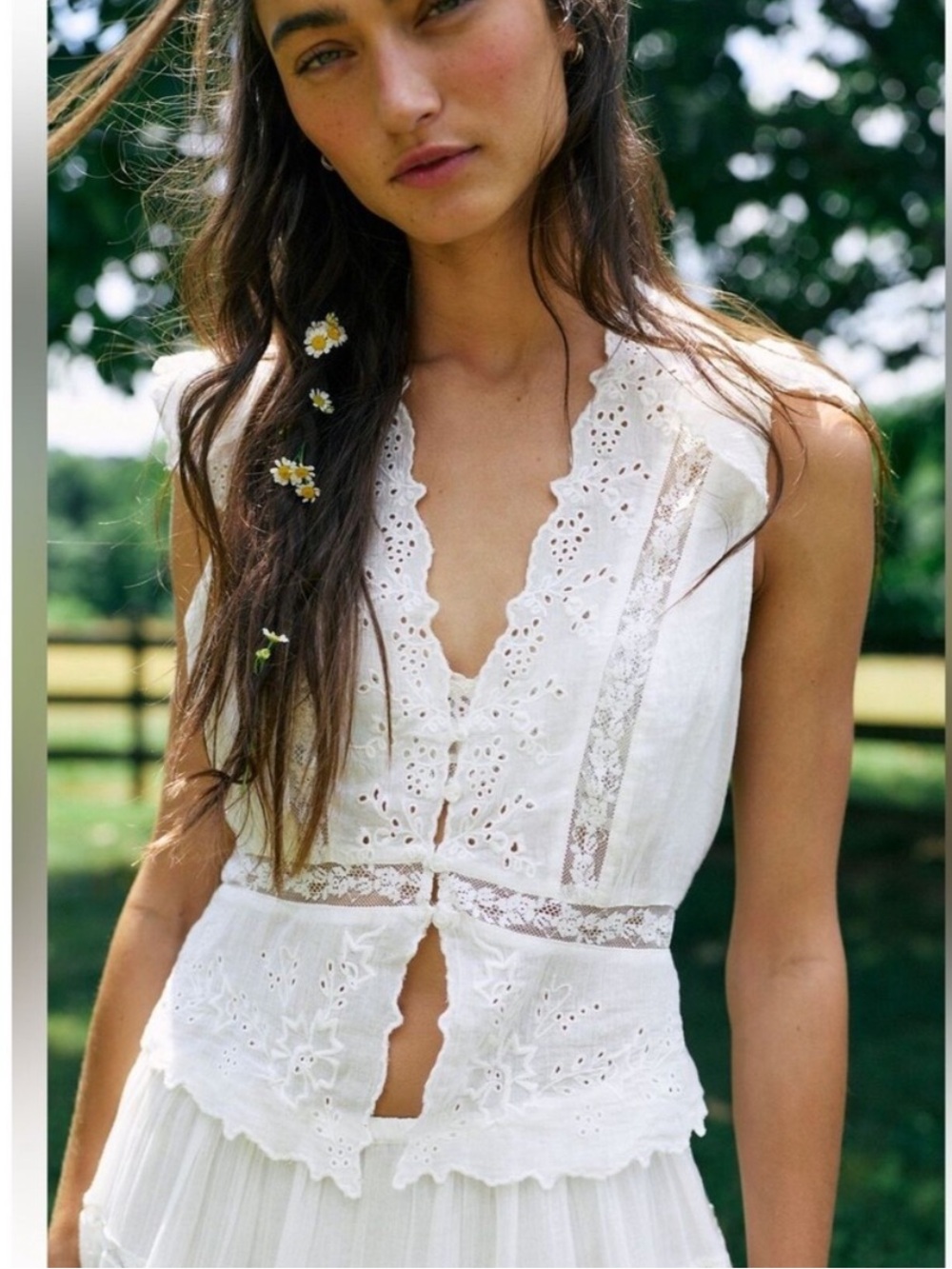 Free People Day Dreamer Top Eyelet Lace Tank V Neck Blouse White Size XS NEW NWT